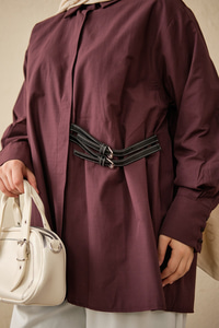 Çift Kemer Detay Gömlek Mürdüm