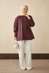 Çift Kemer Detay Gömlek Mürdüm