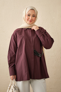 Çift Kemer Detay Gömlek Mürdüm