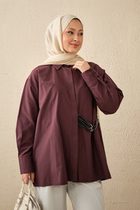 Çift Kemer Detay Gömlek Mürdüm