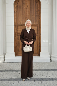 Çift Kemerli Ceketli Takım Kahverengi