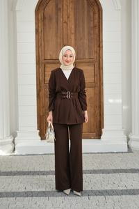 Çift Kemerli Ceketli Takım Kahverengi