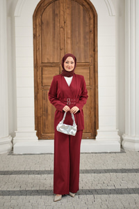 Çift Kemerli Ceketli Takım Kırmızı