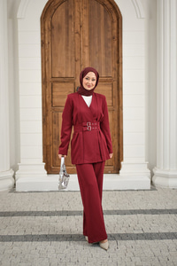 Çift Kemerli Ceketli Takım Kırmızı