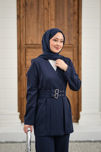 Çift Kemerli Ceketli Takım Lacivert