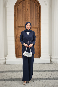 Çift Kemerli Ceketli Takım Lacivert