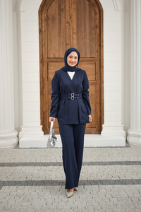 Çift Kemerli Ceketli Takım Lacivert