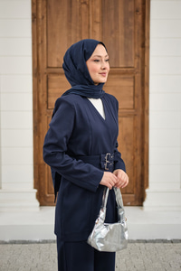 Çift Kemerli Ceketli Takım Lacivert