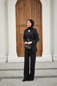 Çift Kemerli Ceketli Takım Siyah