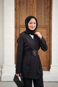 Çift Kemerli Ceketli Takım Siyah