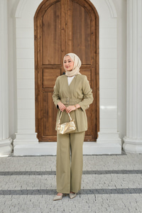 Çift Kemerli Ceketli Takım Su Yeşil