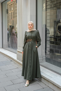 Çift Kemerli Keten Elbise Haki Yeşil