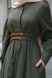 Çift Kemerli Keten Elbise Haki Yeşil