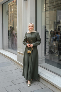 Çift Kemerli Keten Elbise Haki Yeşil