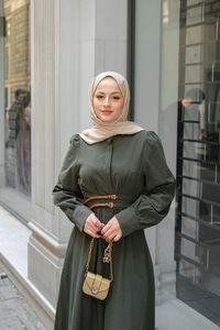 Çift Kemerli Keten Elbise Haki Yeşil