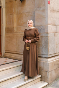 Çift Kemerli Keten Elbise Kahverengi