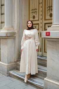 Çift Kemerli Keten Elbise Krem