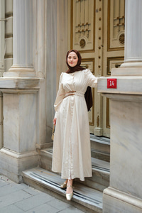 Çift Kemerli Keten Elbise Krem