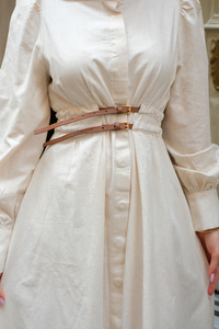 Çift Kemerli Keten Elbise Krem