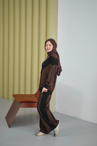 Çift Renk Detay İkili Takım Kahverengi