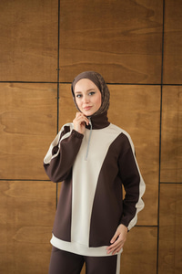 Çift Renk Fermuar Detay Takım Kahverengi