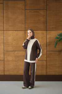 Çift Renk Fermuar Detay Takım Kahverengi