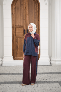 Çift Renkli Pantolonu Şerit Detay Gizli Fermuarlı Takım Bordo