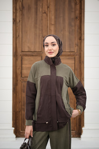 Çift Renkli Pantolonu Şerit Detay Gizli Fermuarlı Takım Haki Yeşil