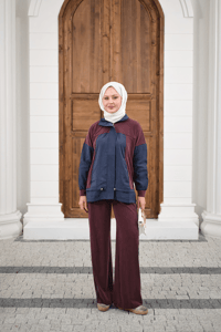 Çift Renkli Pantolonu Şerit Detay Gizli Fermuarlı Takım Bordo