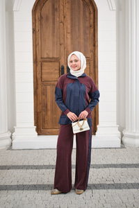 Çift Renkli Pantolonu Şerit Detay Gizli Fermuarlı Takım Bordo