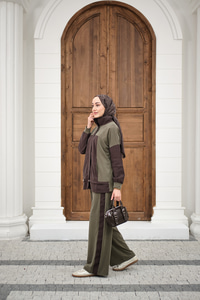 Çift Renkli Pantolonu Şerit Detay Gizli Fermuarlı Takım Haki Yeşil