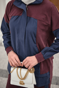 Çift Renkli Pantolonu Şerit Detay Gizli Fermuarlı Takım Bordo