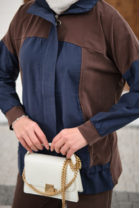 Çift Renkli Pantolonu Şerit Detay Gizli Fermuarlı Takım Kahverengi