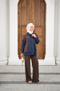 Çift Renkli Pantolonu Şerit Detay Gizli Fermuarlı Takım Kahverengi