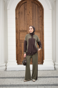 Çift Renkli Pantolonu Şerit Detay Gizli Fermuarlı Takım Haki Yeşil