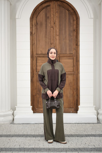 Çift Renkli Pantolonu Şerit Detay Gizli Fermuarlı Takım Haki Yeşil