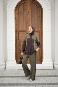 Çift Renkli Pantolonu Şerit Detay Gizli Fermuarlı Takım Haki Yeşil