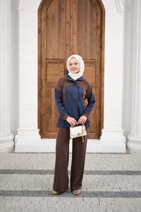 Çift Renkli Pantolonu Şerit Detay Gizli Fermuarlı Takım Kahverengi