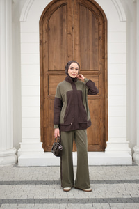 Çift Renkli Pantolonu Şerit Detay Gizli Fermuarlı Takım Haki Yeşil