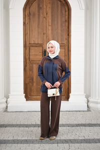 Çift Renkli Pantolonu Şerit Detay Gizli Fermuarlı Takım Kahverengi