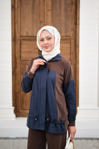 Çift Renkli Pantolonu Şerit Detay Gizli Fermuarlı Takım Kahverengi