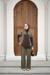 Çift Renkli Pantolonu Şerit Detay Gizli Fermuarlı Takım Haki Yeşil