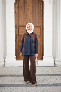 Çift Renkli Pantolonu Şerit Detay Gizli Fermuarlı Takım Kahverengi