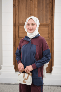 Çift Renkli Pantolonu Şerit Detay Gizli Fermuarlı Takım Bordo