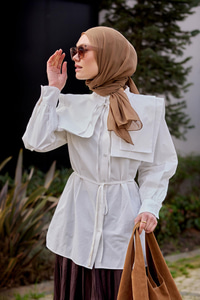 Çift Yaka Detaylı Gömlek Beyaz