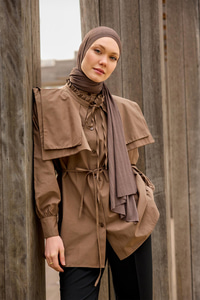 Çift Yaka Detaylı Gömlek Kahverengi