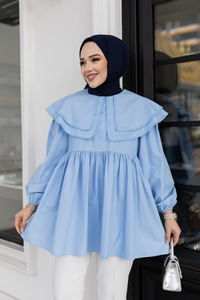 Çift Yaka Gupurlu Gömlek Bebe Mavi