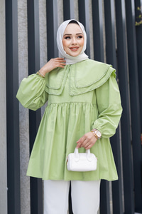 Çift Yaka Gupurlu Gömlek Fıstık Yeşil