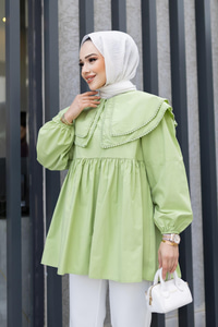 Çift Yaka Gupurlu Gömlek Fıstık Yeşil