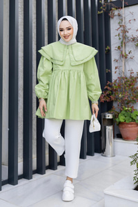 Çift Yaka Gupurlu Gömlek Fıstık Yeşil
